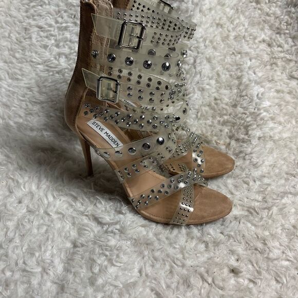 Steve Madden Moto Multi Straps Stud clear ankle strap sandals back zipper SZ8.5M - Picture 3 of 9